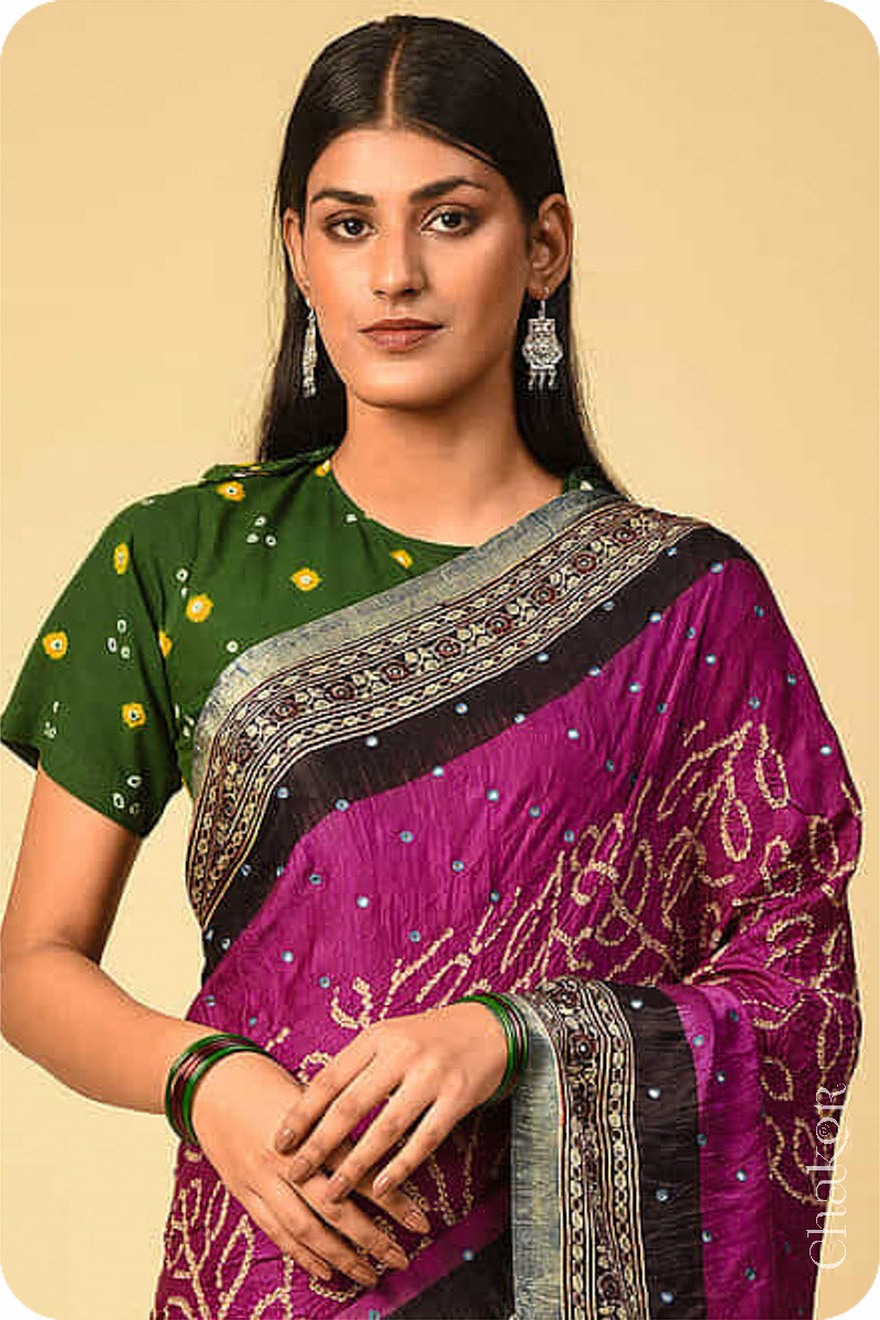 Chakor's traditional Magenta Black bandhani ajrakh pure silk saree with mirror embroidery.