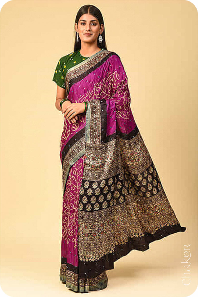 Chakor's traditional Magenta Black bandhani ajrakh pure silk saree with mirror embroidery.