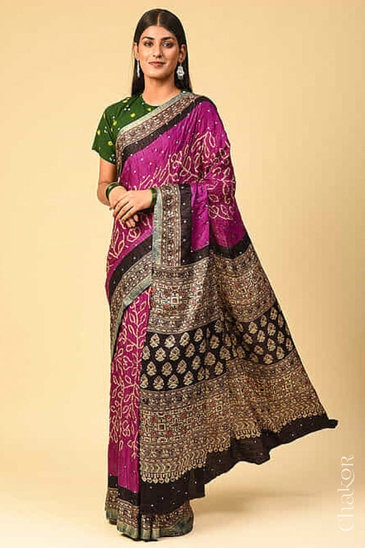 Chakor's traditional Magenta Black bandhani ajrakh pure silk saree with mirror embroidery.