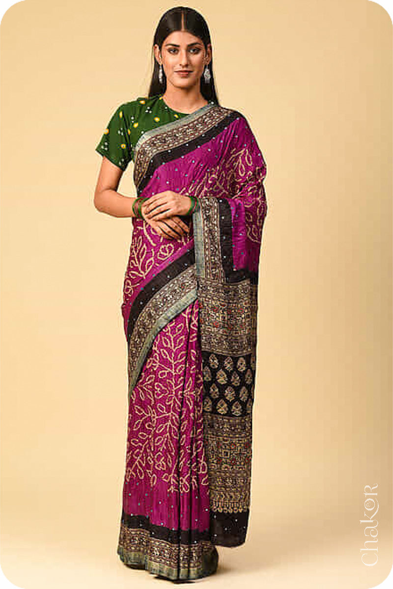 Chakor's traditional Magenta Black bandhani ajrakh pure silk saree with mirror embroidery.