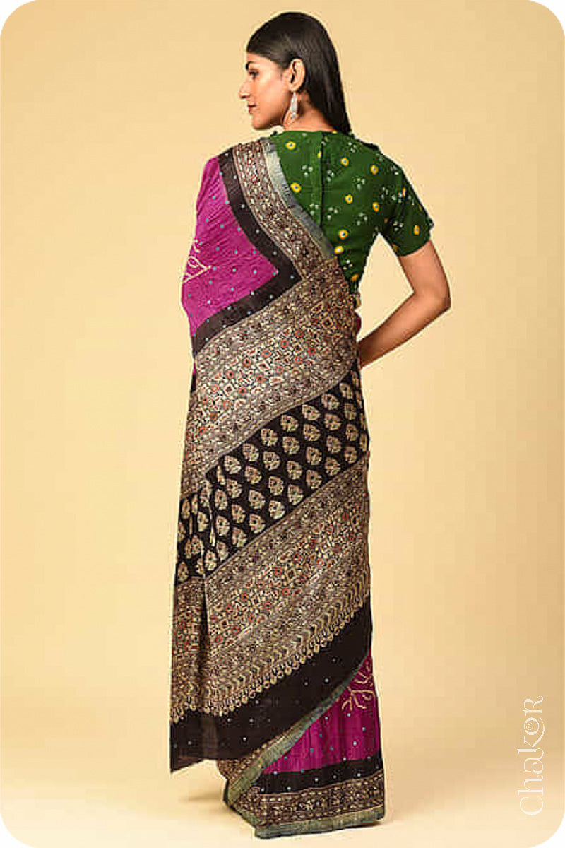 Chakor's traditional Magenta Black bandhani ajrakh pure silk saree with mirror embroidery.