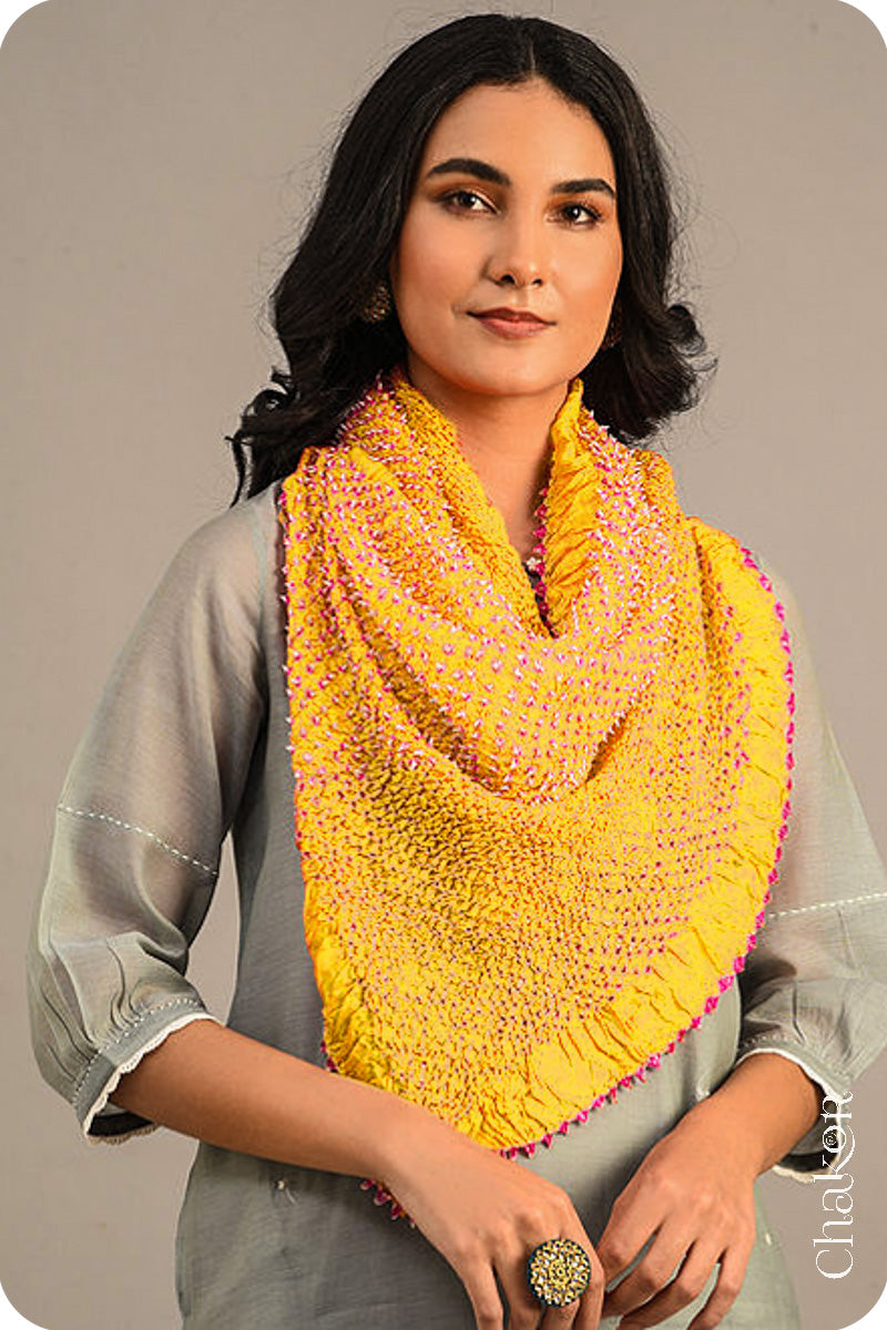 Yellow Bandhani Mulberry Silk Stole