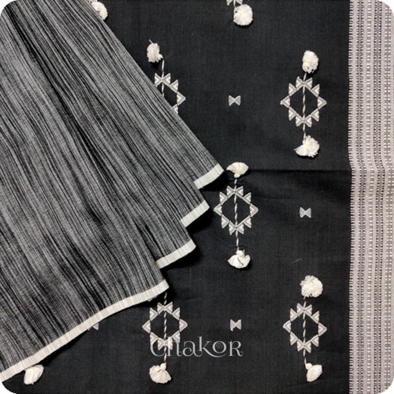 Handloom Charocoal Black Bhujodi Cotton Saree by Chakor.