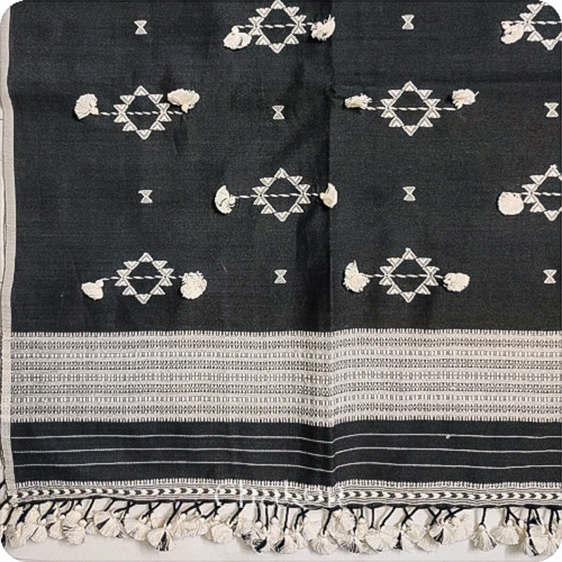 Handloom Charocoal Black Bhujodi Cotton Saree by Chakor.