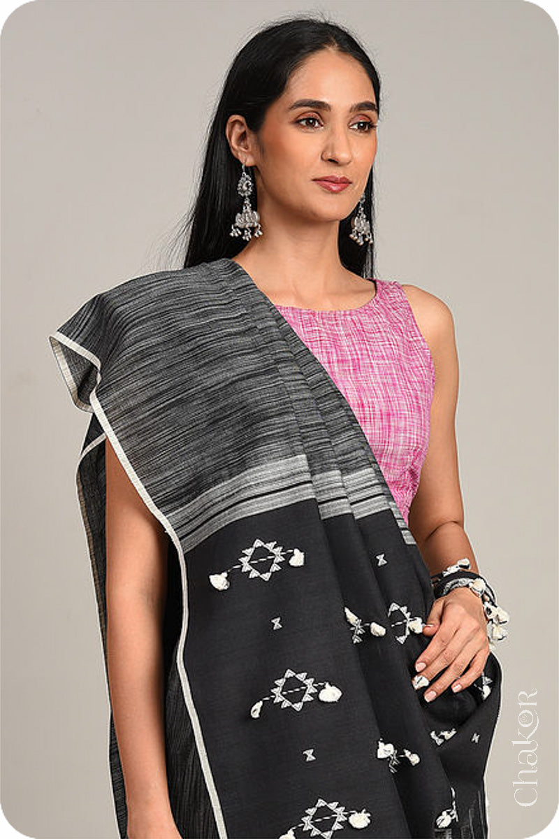 Handloom Charocoal Black Bhujodi Cotton Saree by Chakor.