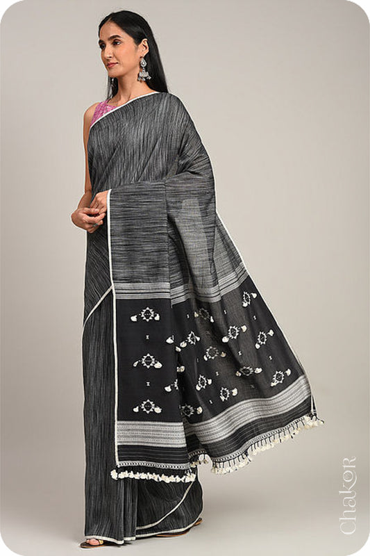 Handloom Charocoal Black Bhujodi Cotton Saree by Chakor.