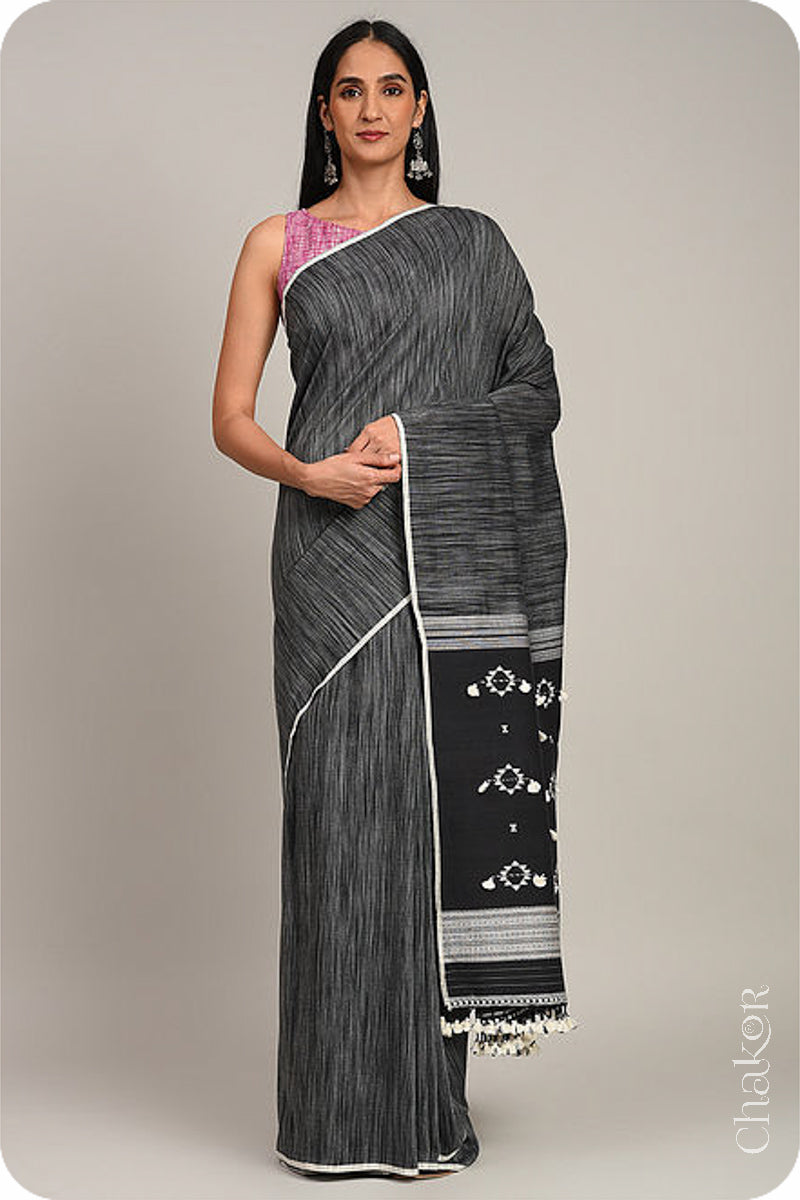 Handloom Charcoal Bhujodi Cotton Saree by Chakor.