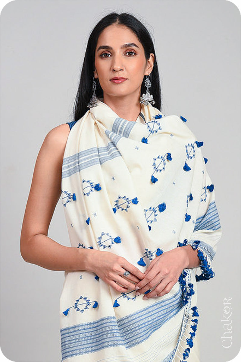 Handloom Off-white Blue Bhujodi Cotton Saree by Chakor.