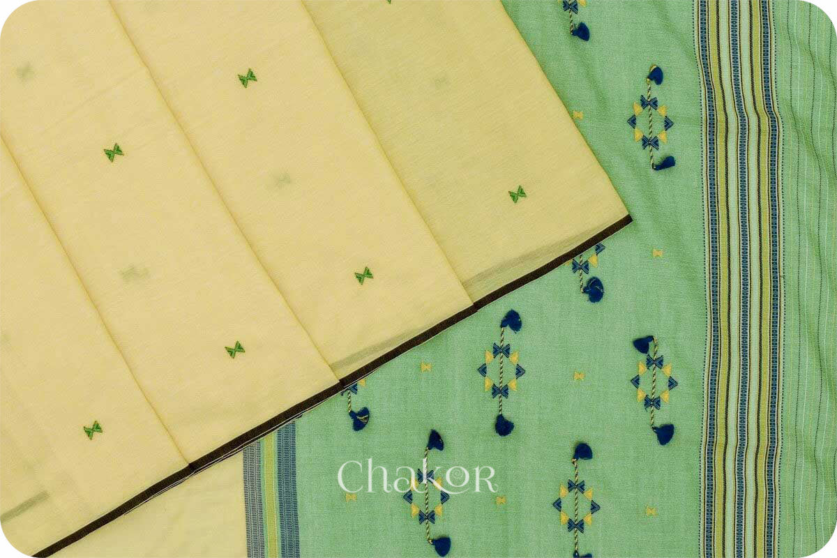 Handloom Yellow Green Bhujodi Cotton Saree by Chakor.