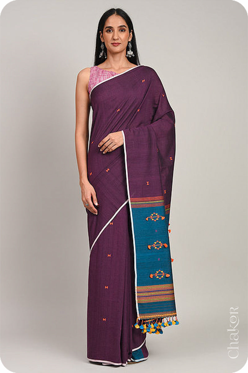 Handloom Wine Blue Bhujodi Cotton Saree by Chakor.