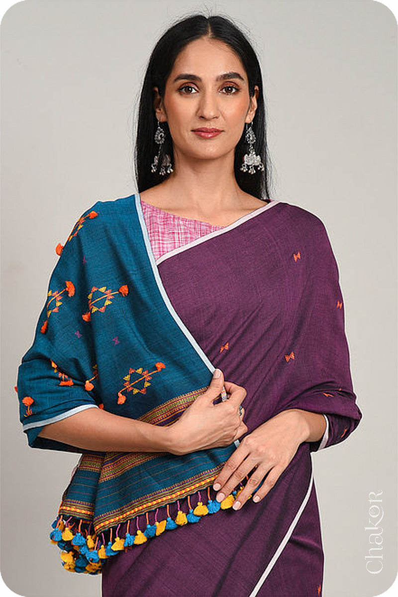 Handloom Wine Blue Bhujodi Cotton Saree by Chakor.