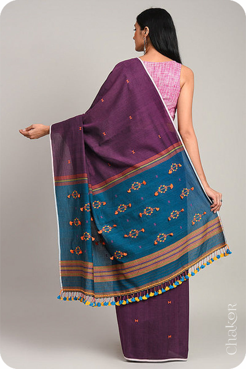 Handloom Wine Blue Bhujodi Cotton Saree by Chakor.