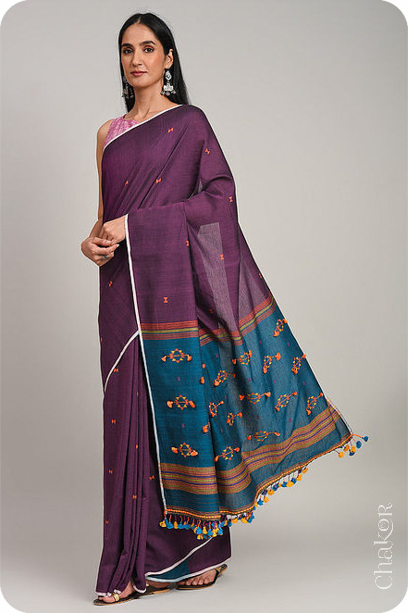 Wine Blue Bhujodi Cotton Saree