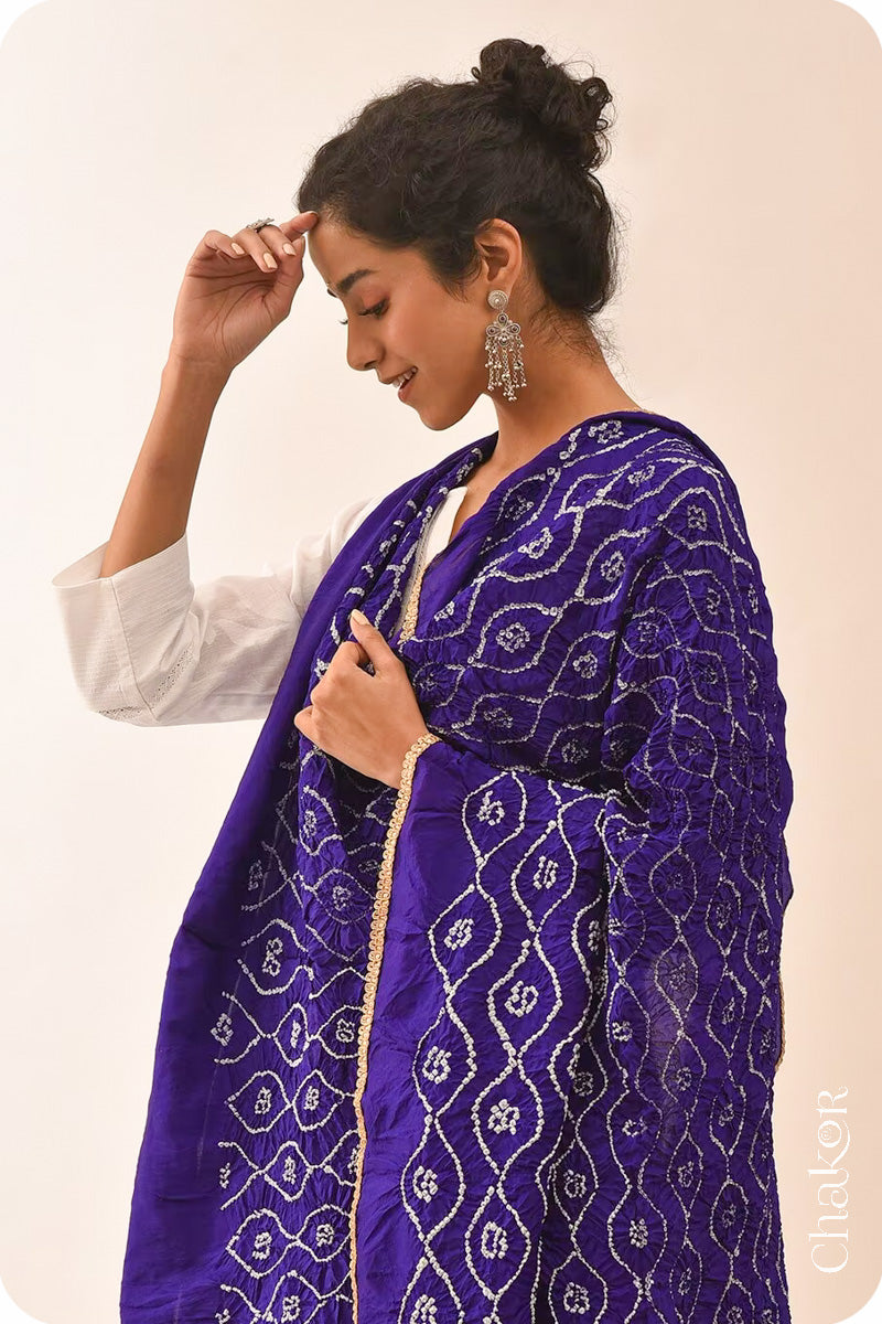 Purple Bandhani Mulberry Silk Dupatta