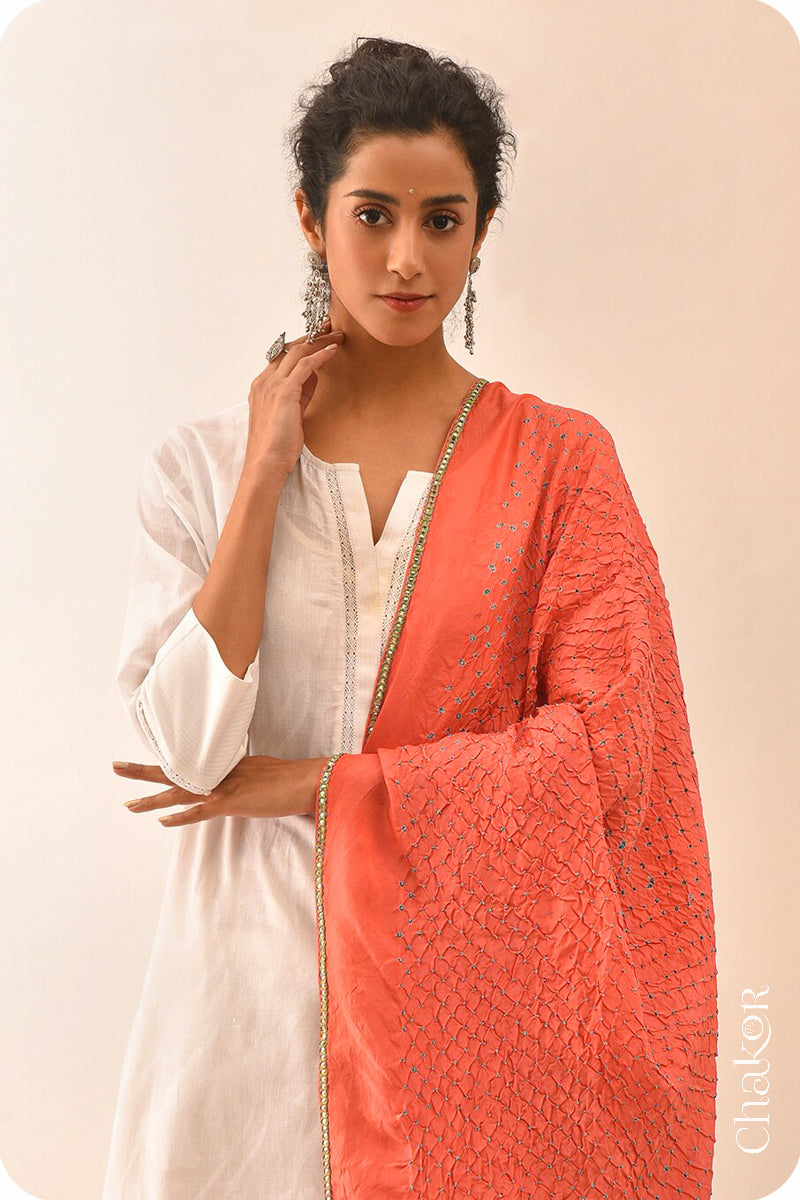 Peach Bandhani Mulberry Silk Dupatta