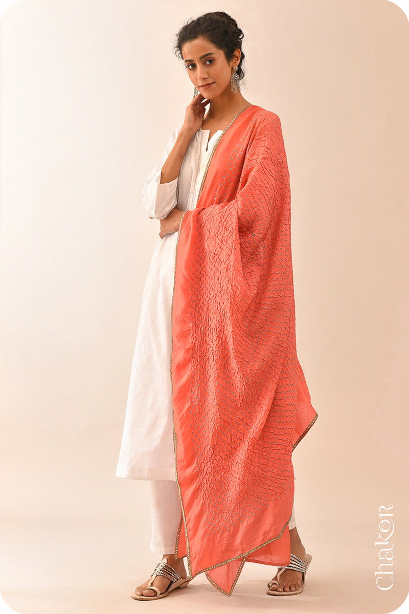 Peach Bandhani Mulberry Silk Dupatta