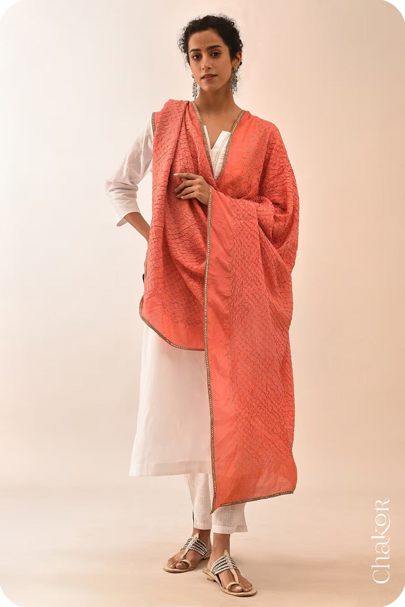 Peach Bandhani Mulberry Silk Dupatta