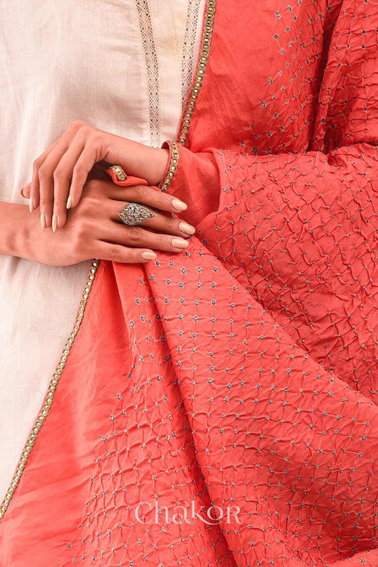 Peach Bandhani Mulberry Silk Dupatta