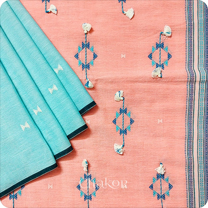 Handloom Blue Peach Bhujodi Cotton Saree by Chakor.