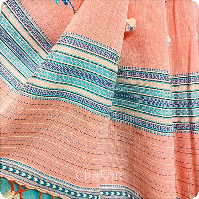 Handloom Blue Peach Bhujodi Cotton Saree by Chakor.