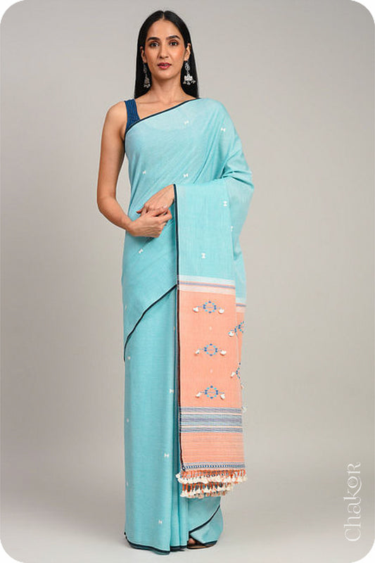 Handloom Blue Peach Bhujodi Cotton Saree by Chakor.
