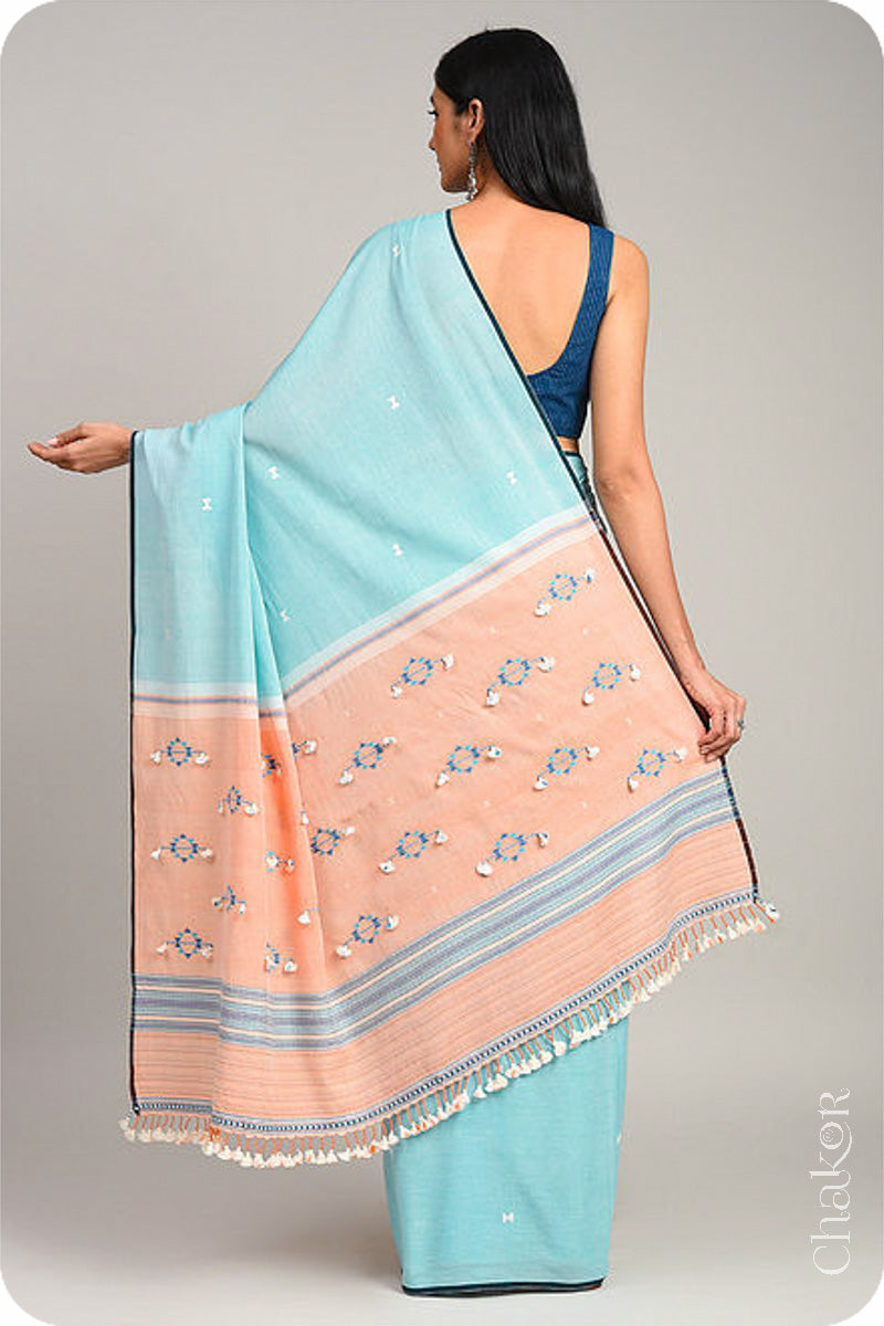 Handloom Blue Peach Bhujodi Cotton Saree by Chakor.