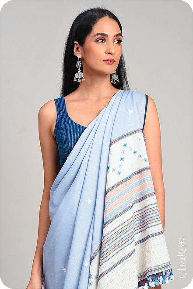 Handloom Blue Offwhite Bhujodi Cotton Saree by Chakor.