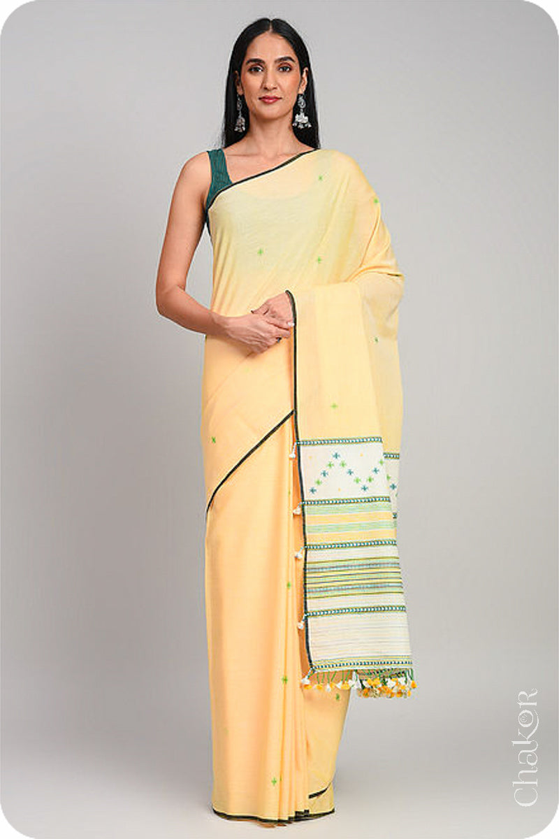 Handloom Yellow Offwhite Bhujodi Cotton Saree by Chakor.