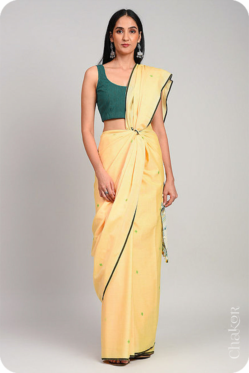 Handloom Yellow Offwhite Bhujodi Cotton Saree by Chakor.