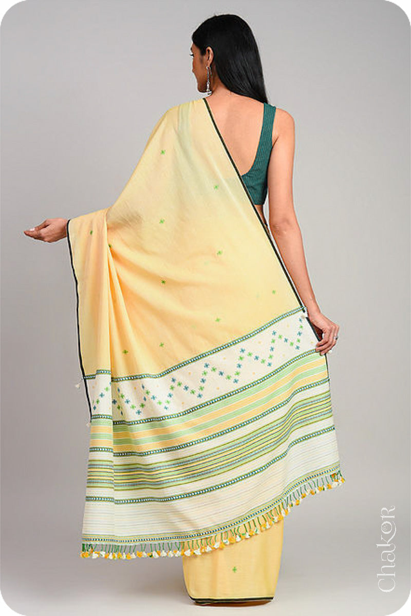 Handloom Yellow Offwhite Bhujodi Cotton Saree by Chakor.