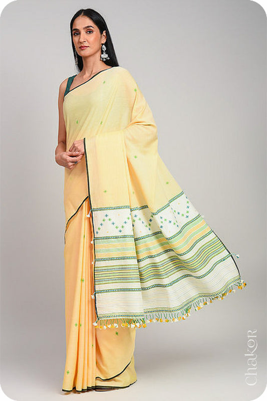 Handloom Yellow Offwhite Bhujodi Cotton Saree by Chakor.