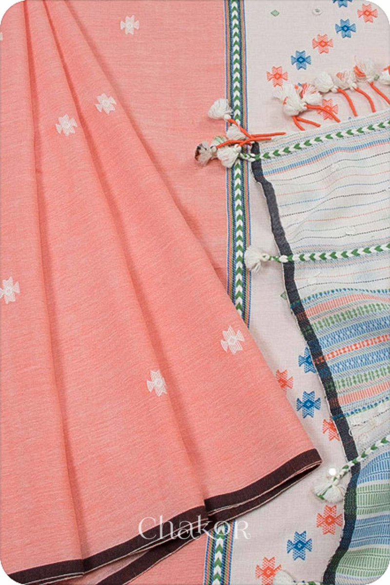 Handloom Peach Off-white Bhujodi Cotton Saree by Chakor.