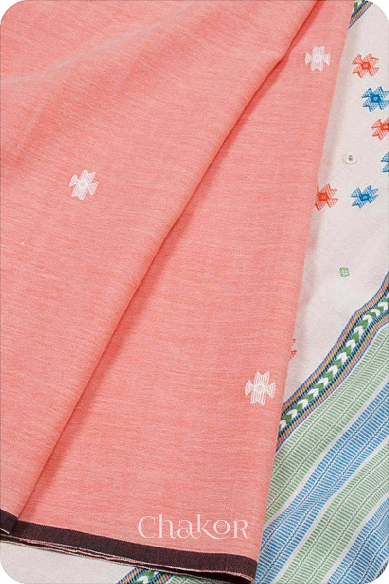 Handloom Peach Off-white Bhujodi Cotton Saree by Chakor.