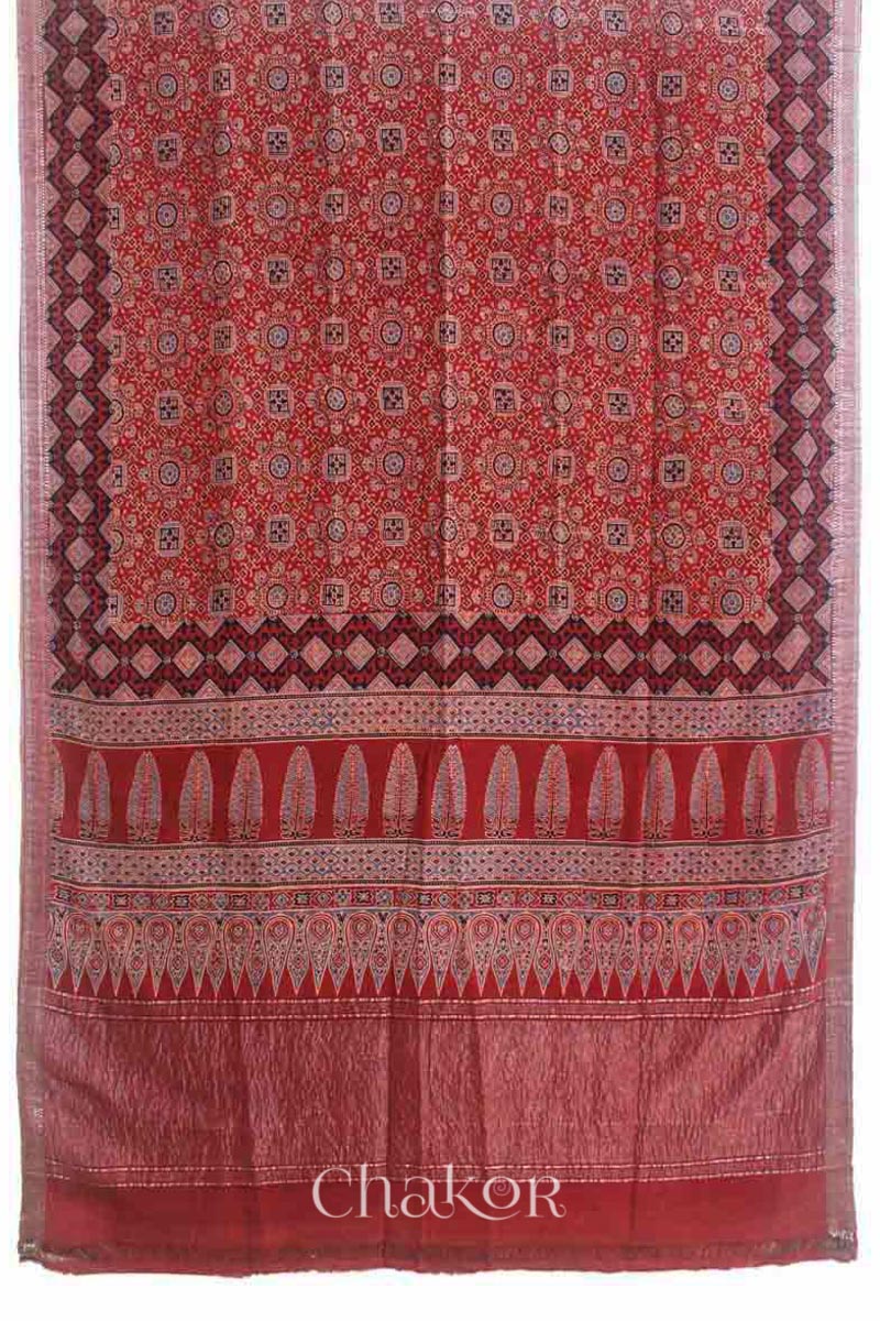 Chakor's Natural Dyed Madder Red Ajrakh Mangalgiri Cotton Saree.