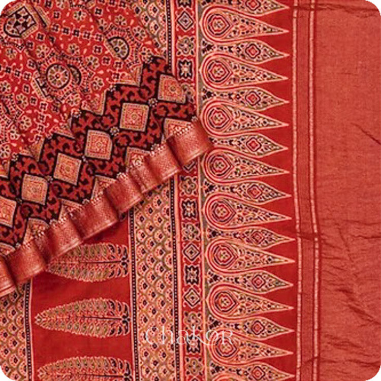 Chakor's Natural Dyed Madder Red Ajrakh Mangalgiri Cotton Saree.