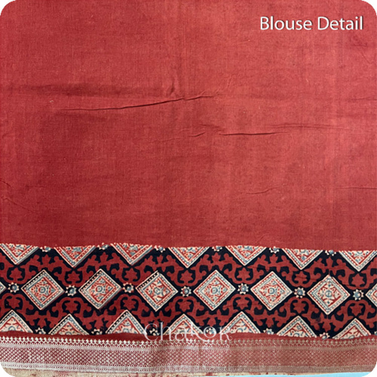 Chakor's Natural Dyed Madder Red Ajrakh Mangalgiri Cotton Saree.