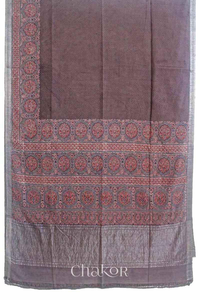 Chakor's Natural Dyed Brown Ajrakh Mangalgiri Cotton Saree.