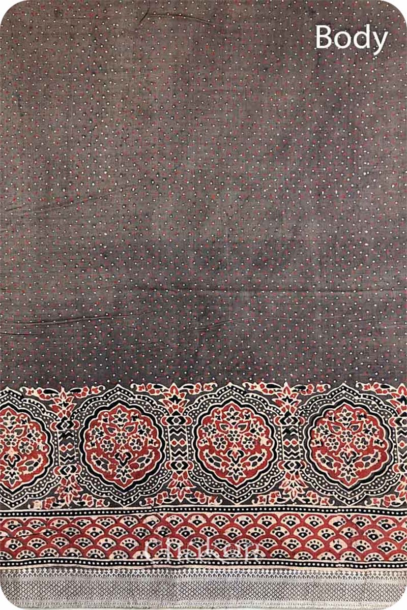 Chakor's Natural Dyed Brown Ajrakh Mangalgiri Cotton Saree.