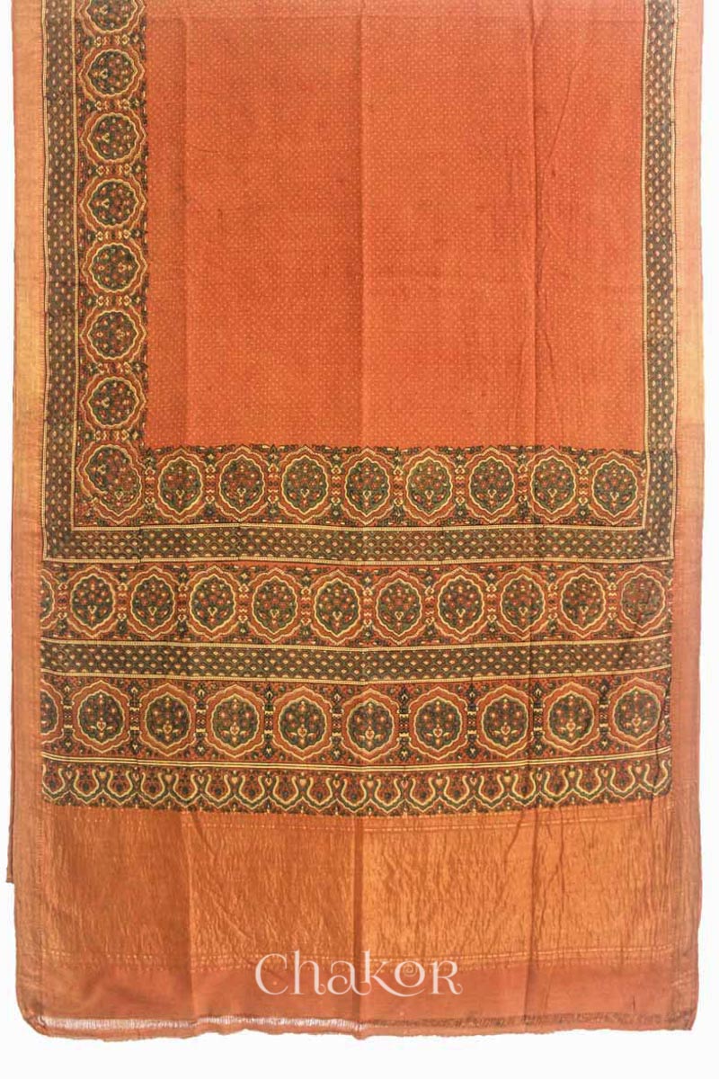 Chakor's Natural Dyed Rust Ajrakh Mangalgiri Cotton Saree.