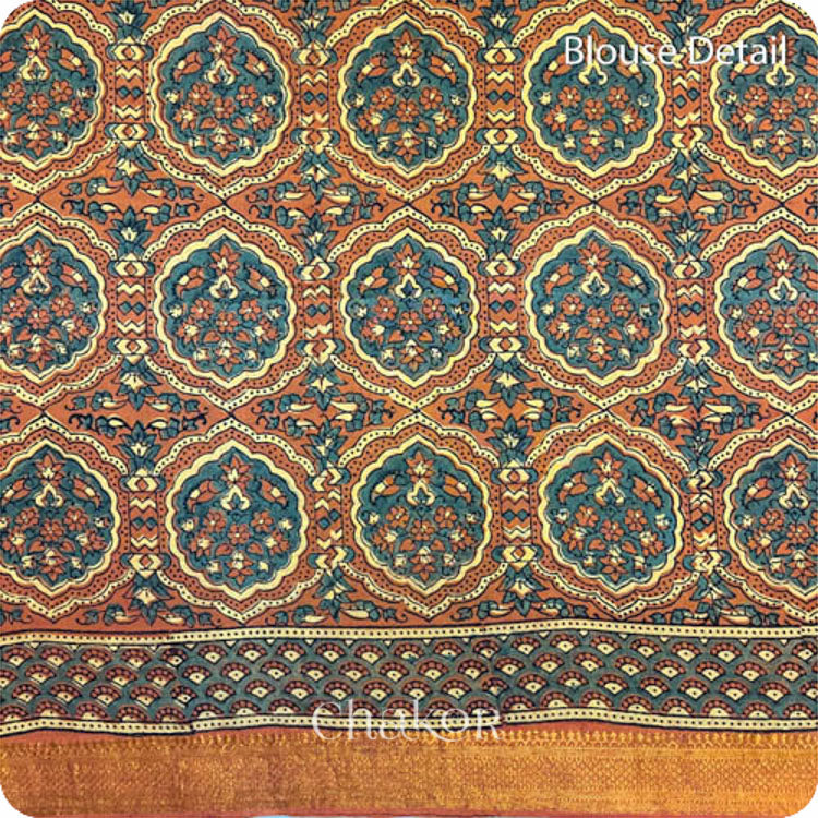 Chakor's Natural Dyed Rust Ajrakh Mangalgiri Cotton Saree.