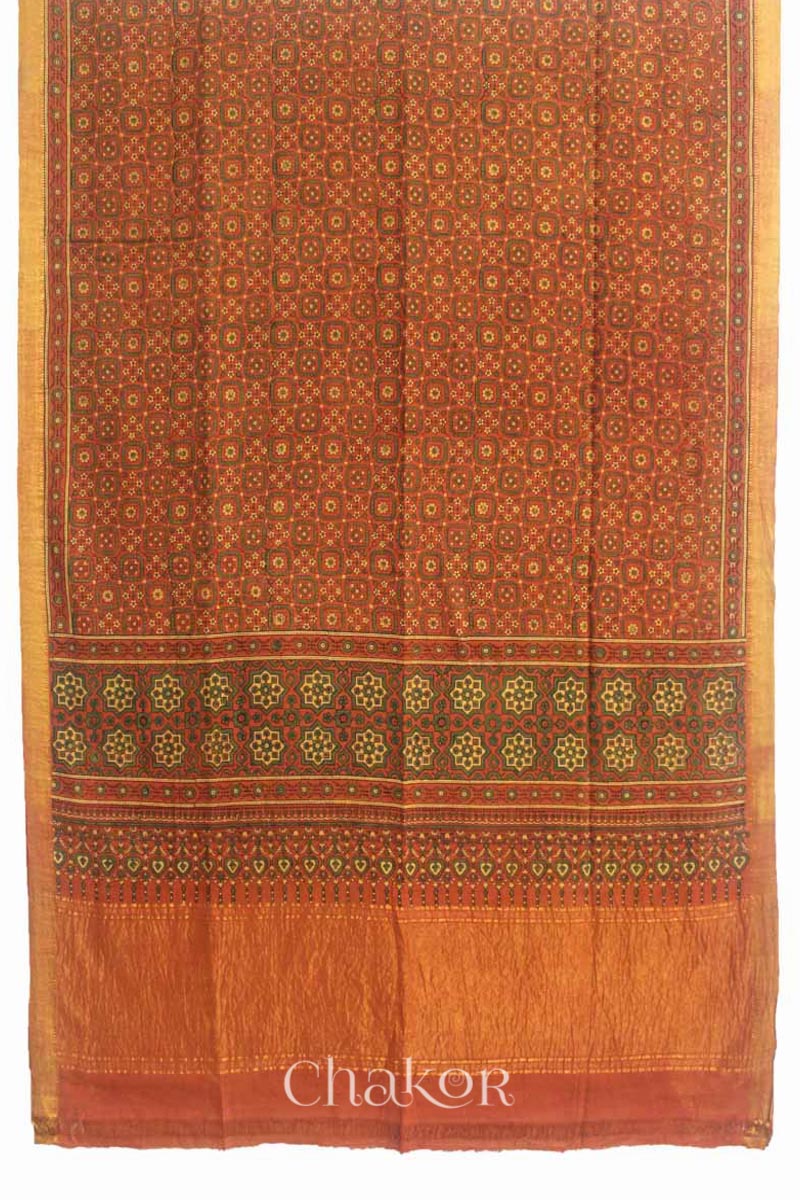 Chakor's Natural Dyed Rust Ajrakh Mangalgiri Cotton Saree.