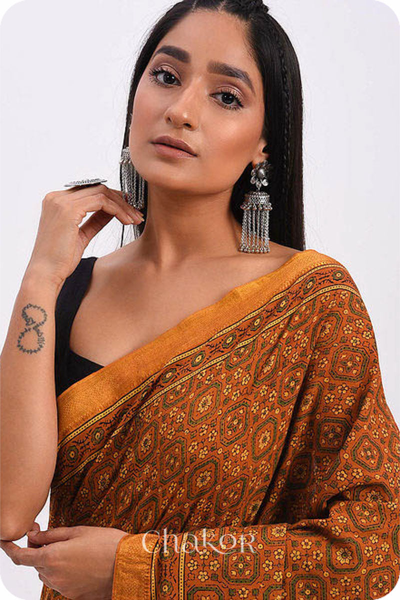 Chakor's Natural Dyed Rust Ajrakh Mangalgiri Cotton Saree.