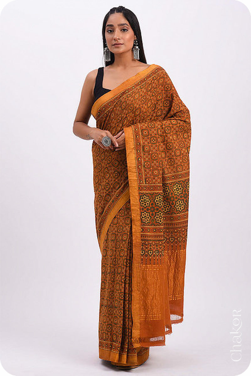 Chakor's Natural Dyed Rust Ajrakh Mangalgiri Cotton Saree.