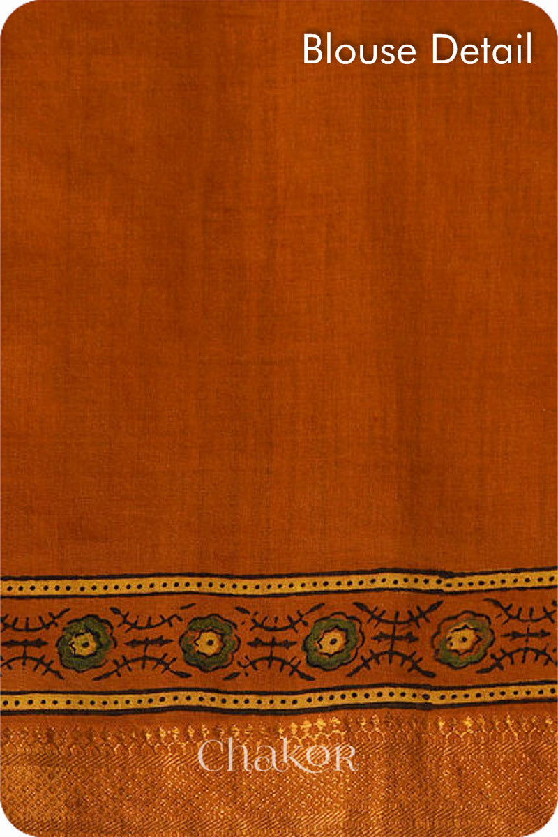 Chakor's Natural Dyed Rust Ajrakh Mangalgiri Cotton Saree.