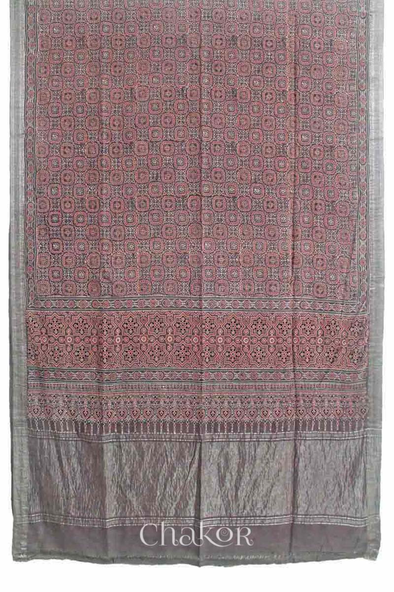 Chakor's Natural Dyed Brown Ajrakh Mangalgiri Cotton Saree.