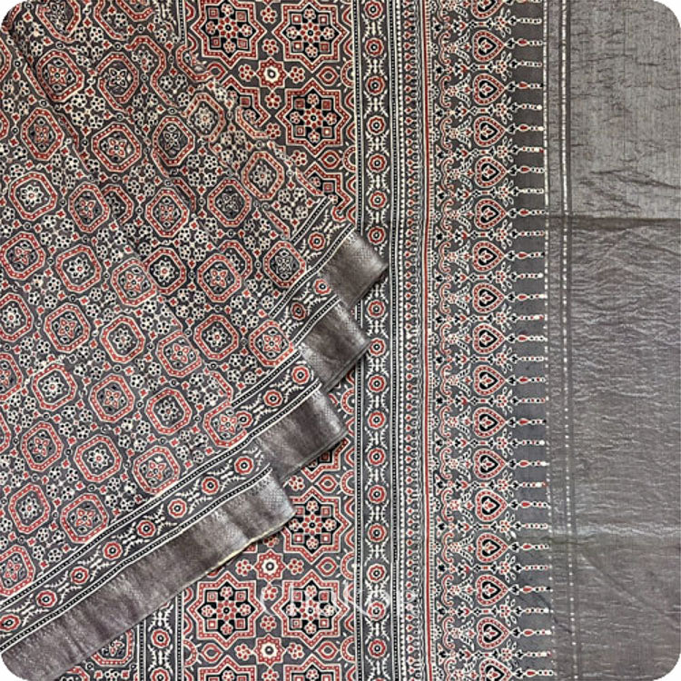 Chakor's Natural Dyed Brown Ajrakh Mangalgiri Cotton Saree.