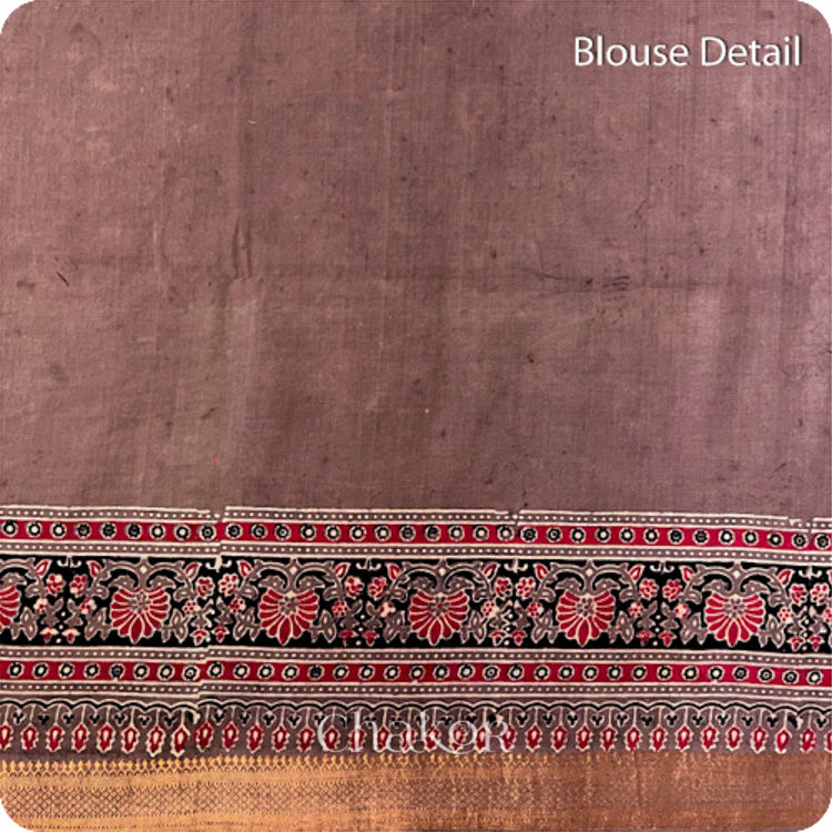 Chakor's Natural Dyed Brown Ajrakh Mangalgiri Cotton Saree.