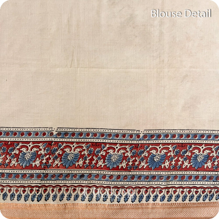 Chakor's Natural Dyed Offwhite Ajrakh Mangalgiri Cotton Saree.