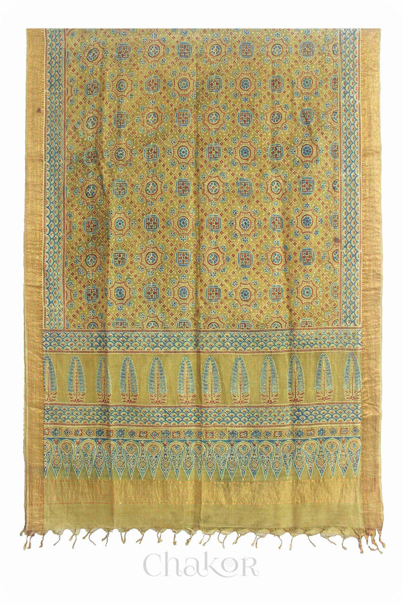 Natural Dyed Ochure Traditional Ajrakh Mangalgiri Cotton Dupatta with tassels from Chakor.