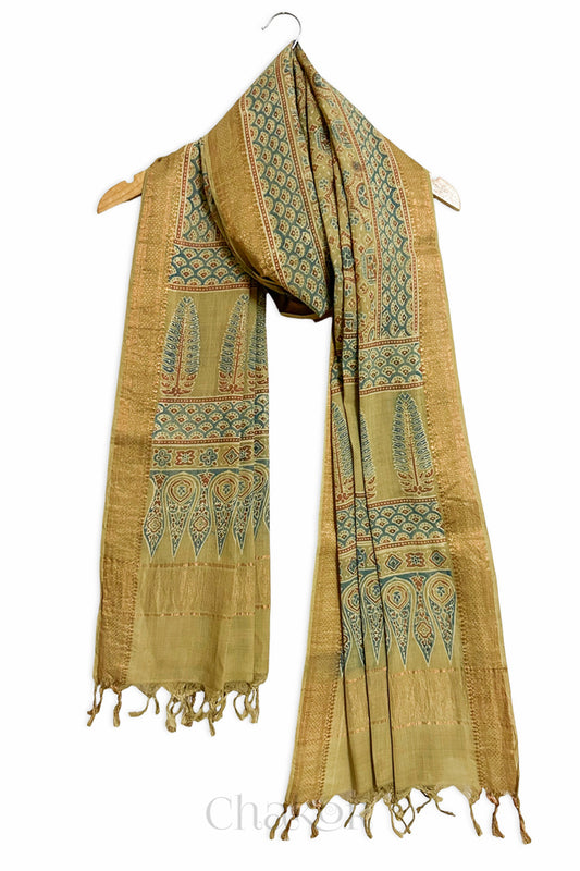 Natural Dyed Ochure Traditional Ajrakh Mangalgiri Cotton Dupatta with tassels from Chakor.